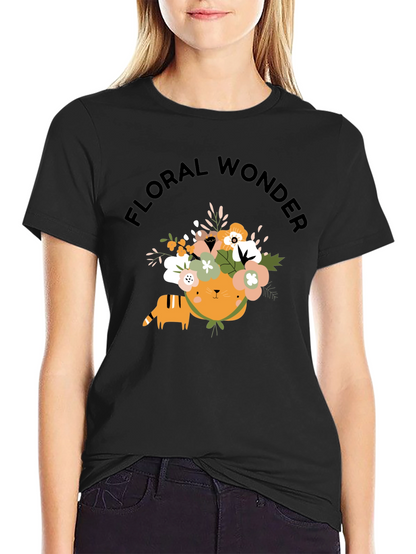 Floral Wonder Cat T-Shirt - Soft Black Cotton