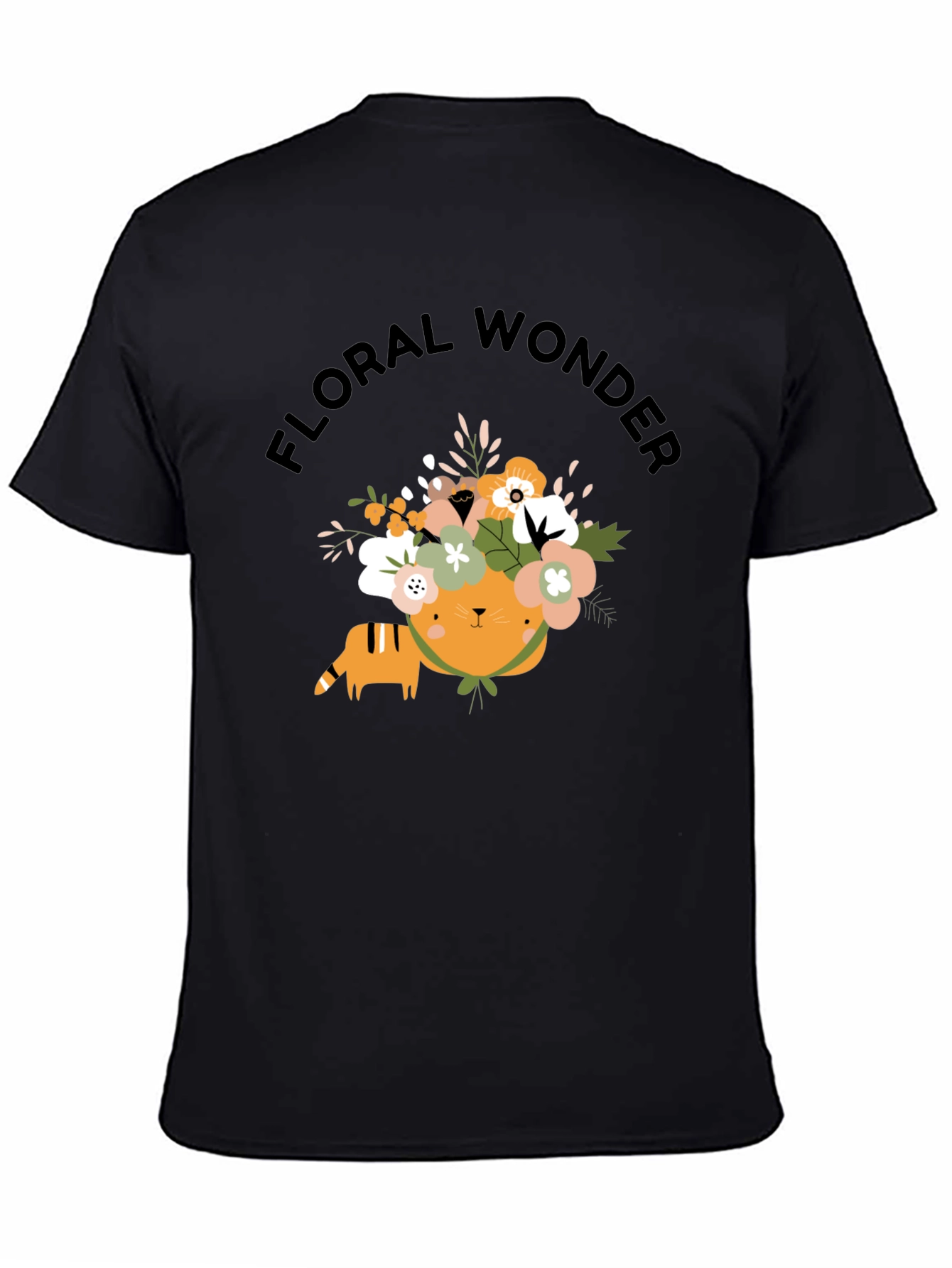 Floral Wonder Cat T-Shirt - Soft Black Cotton