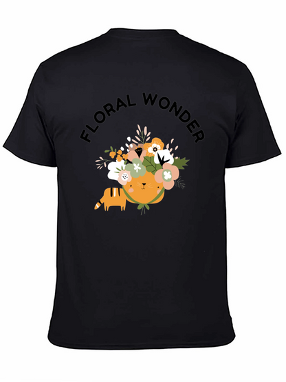 Floral Wonder Cat T-Shirt - Soft Black Cotton
