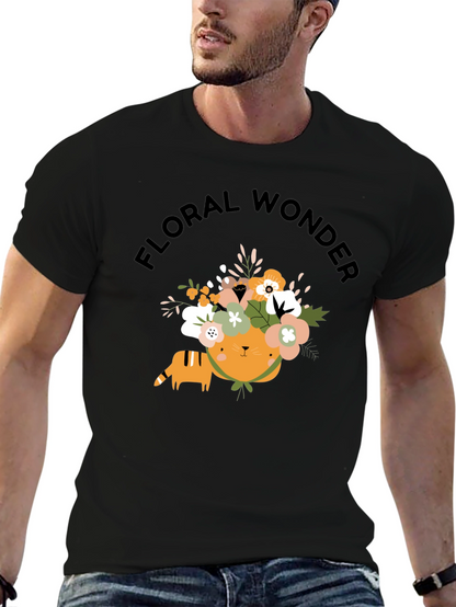 Floral Wonder Cat T-Shirt - Soft Black Cotton