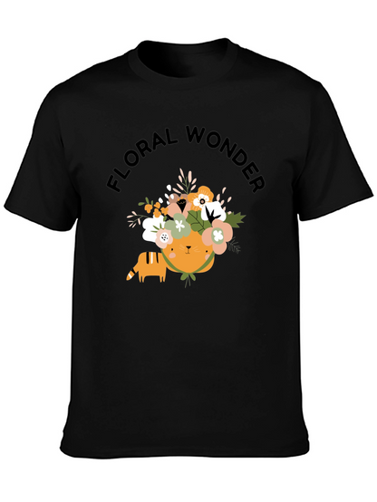 Floral Wonder Cat T-Shirt - Soft Black Cotton