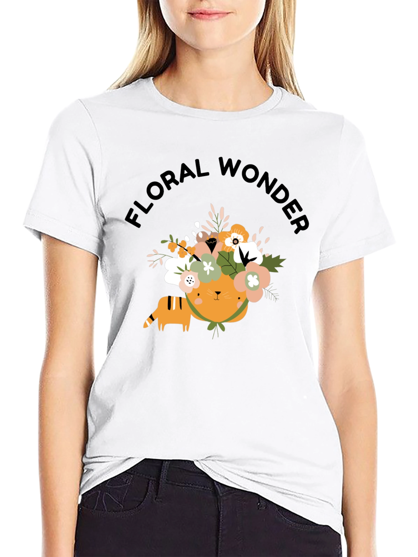 Floral Wonder Cat T-Shirt - Soft Black Cotton