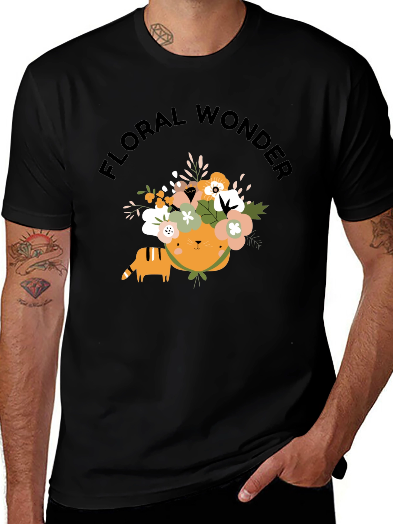 Floral Wonder Cat T-Shirt - Soft Black Cotton