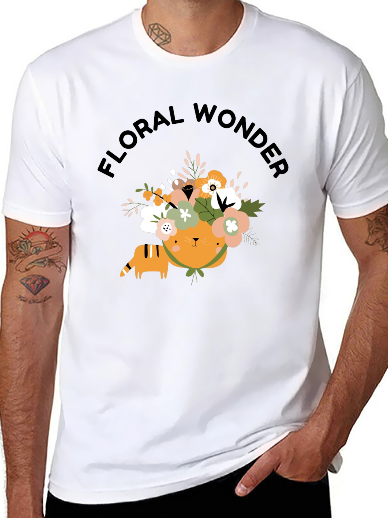 Floral Wonder Cat T-Shirt - Soft Black Cotton