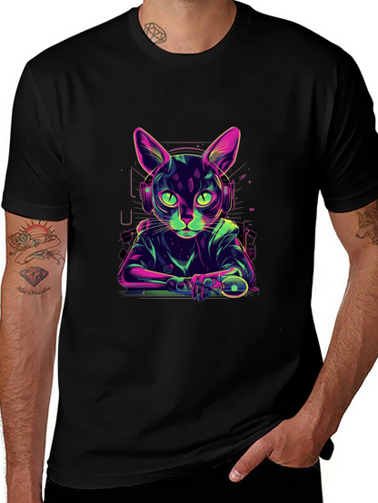 Cyber Cat Gamer T-Shirt - Cool Neon Style