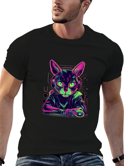 Cyber Cat Gamer T-Shirt - Cool Neon Style