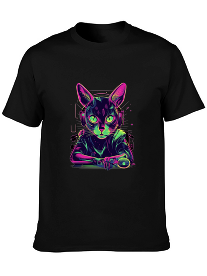 Cyber Cat Gamer T-Shirt - Cool Neon Style