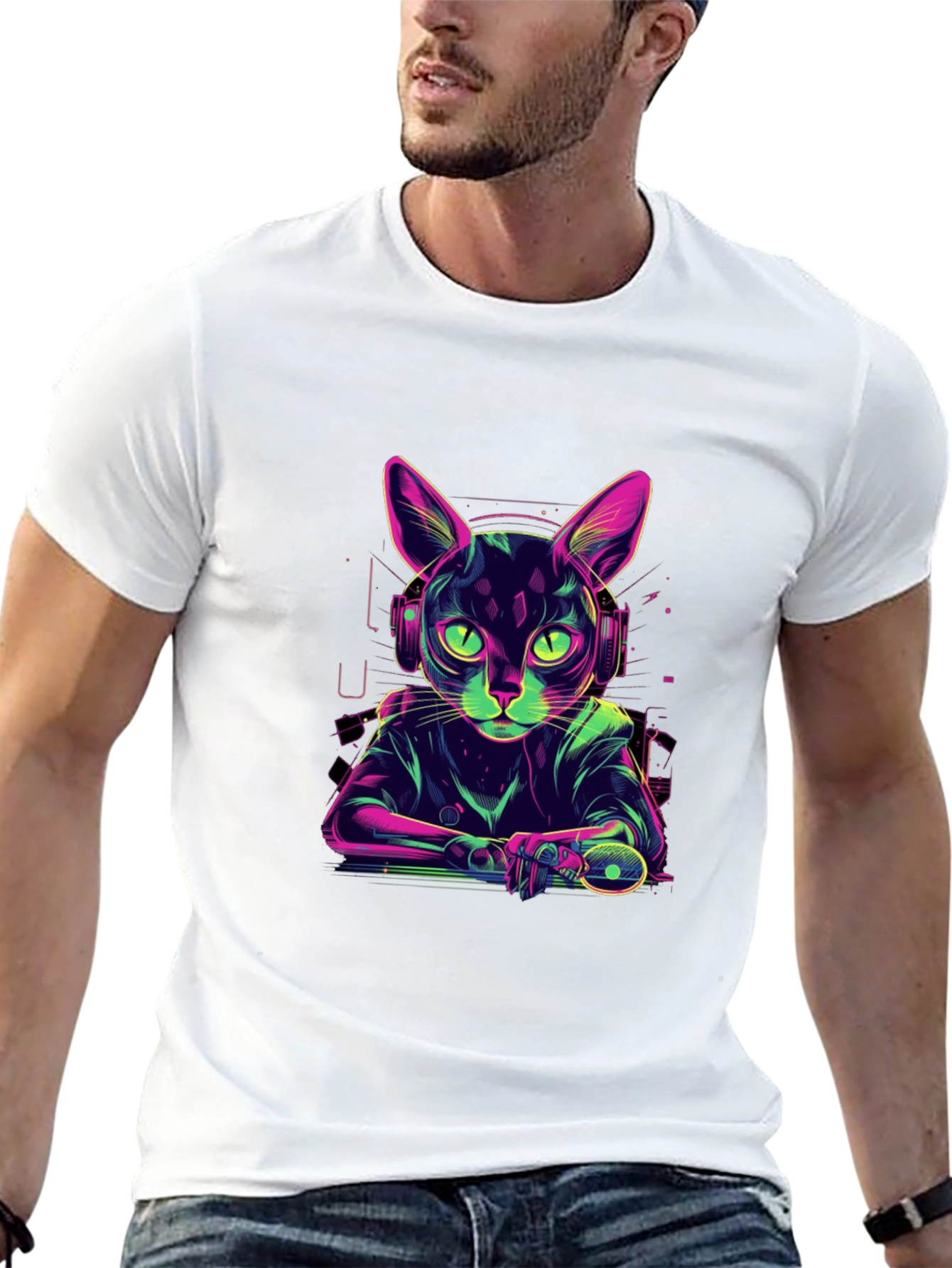 Cyber Cat Gamer T-Shirt - Cool Neon Style