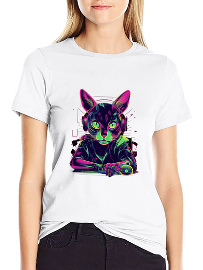 Cyber Cat Gamer T-Shirt - Cool Neon Style