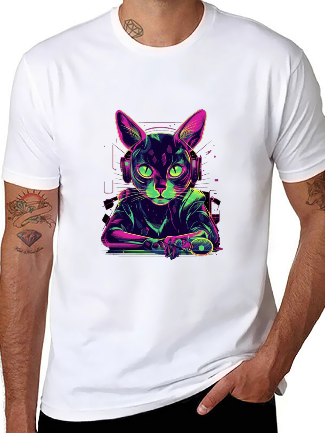 Cyber Cat Gamer T-Shirt - Cool Neon Style