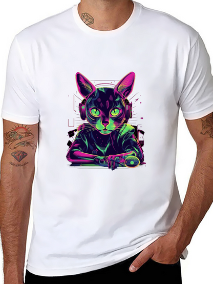 Cyber Cat Gamer T-Shirt - Cool Neon Style