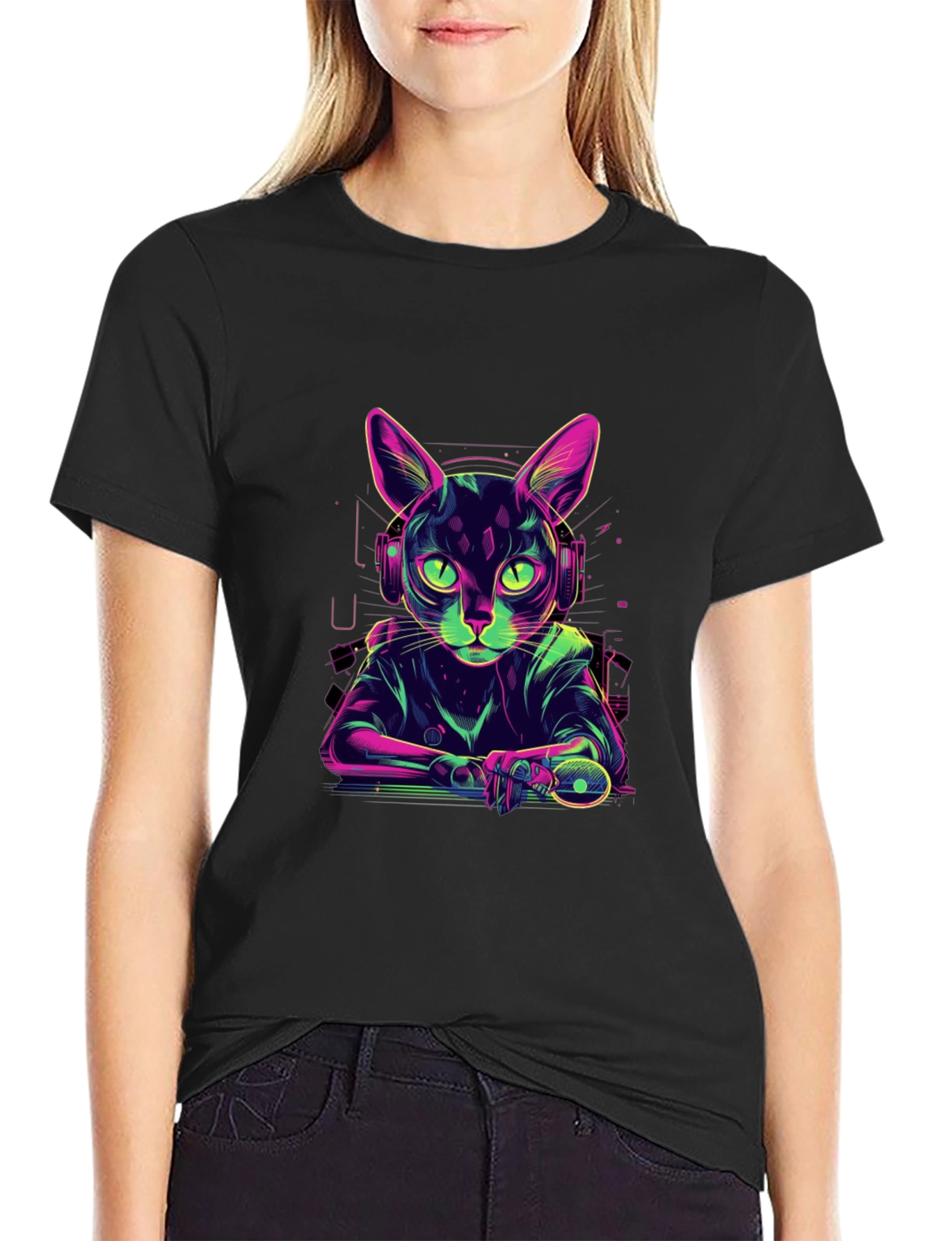 Cyber Cat Gamer T-Shirt - Cool Neon Style
