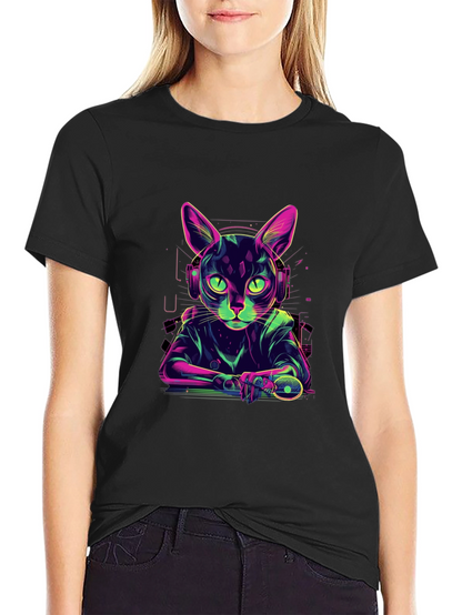 Cyber Cat Gamer T-Shirt - Cool Neon Style