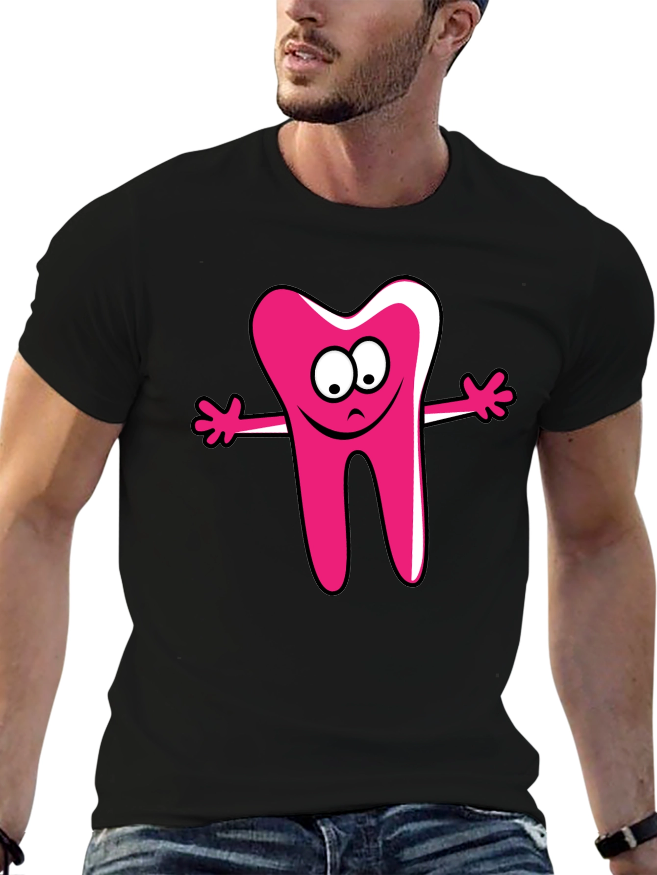 Cartoon Tooth Graphic Tee - Unisex Black T-Shirt