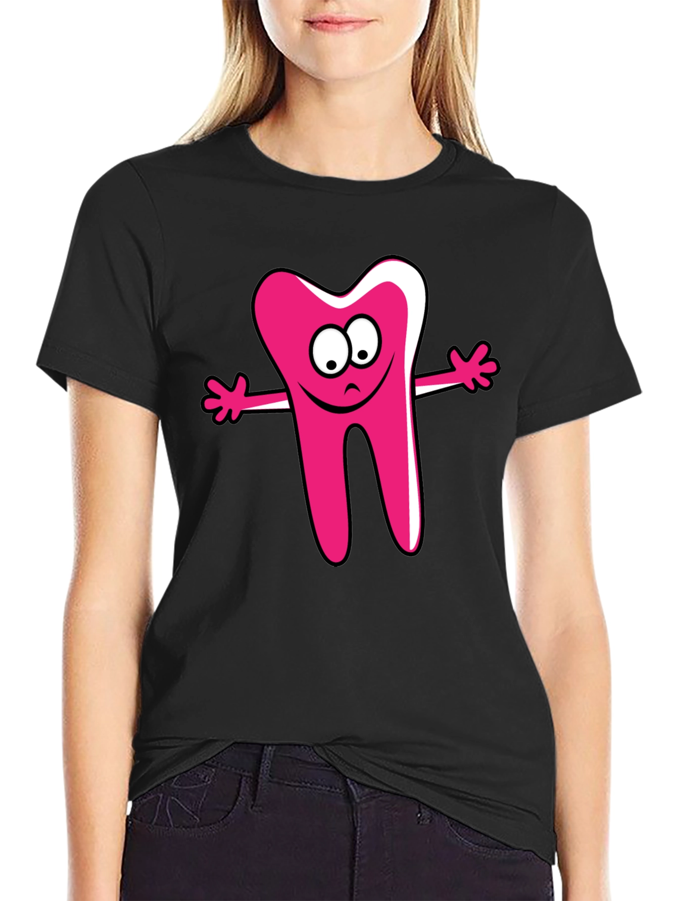 Cartoon Tooth Graphic Tee - Unisex Black T-Shirt