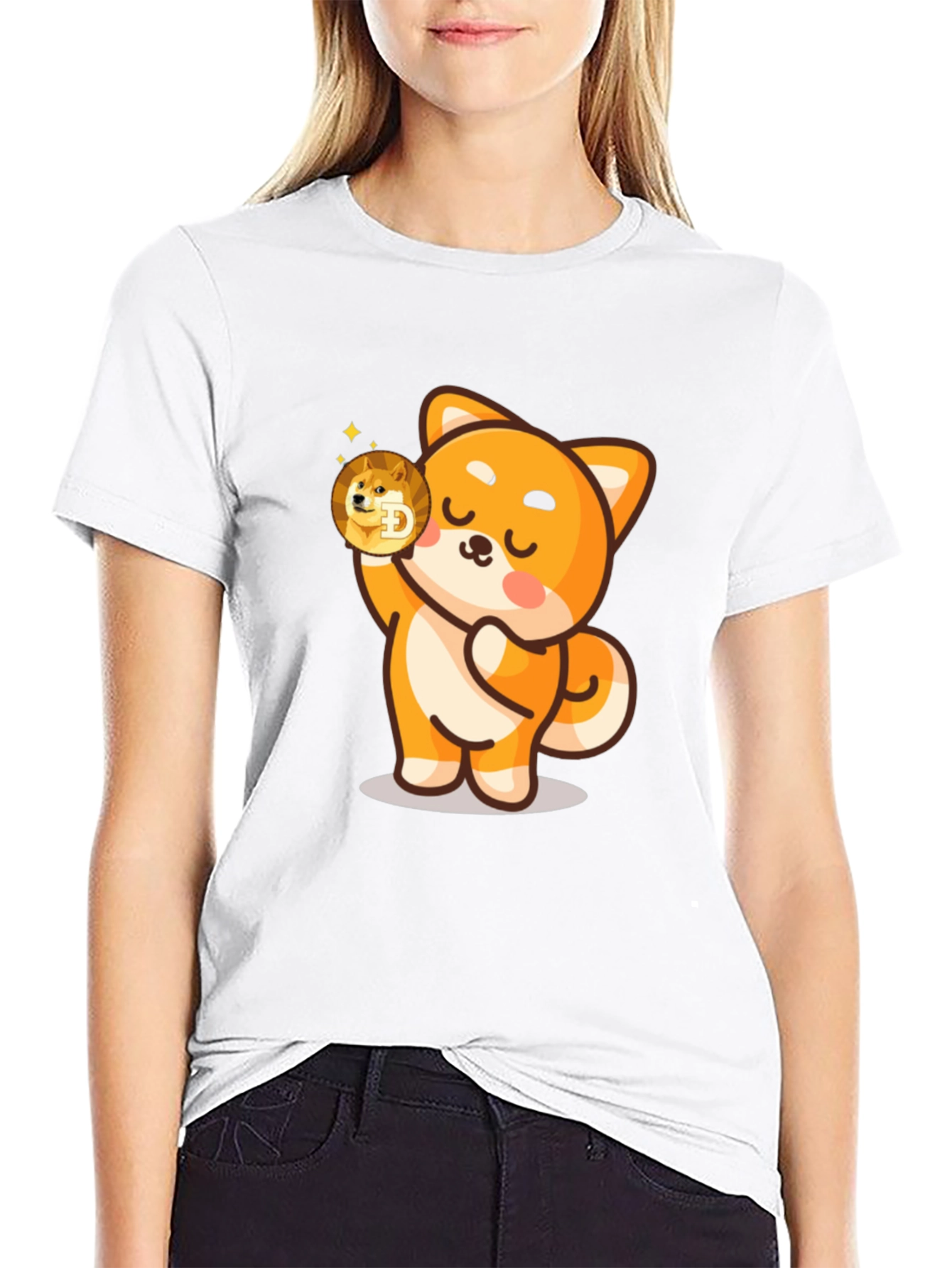 Dogecoin Shiba Inu Cartoon Black T-Shirt