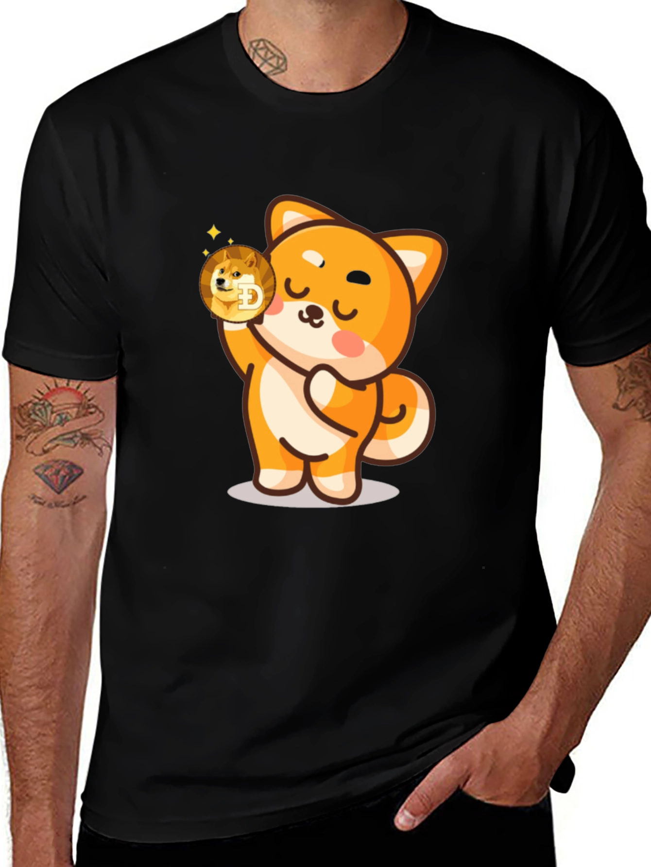 Dogecoin Shiba Inu Cartoon Black T-Shirt