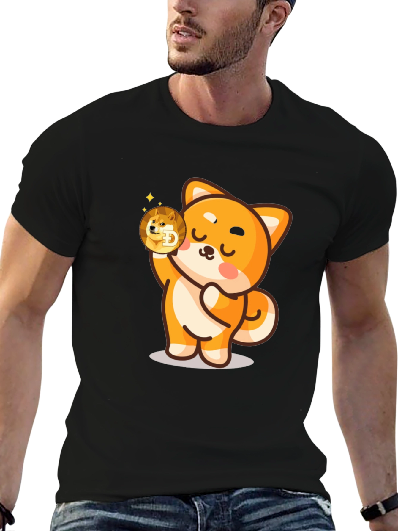 Dogecoin Shiba Inu Cartoon Black T-Shirt