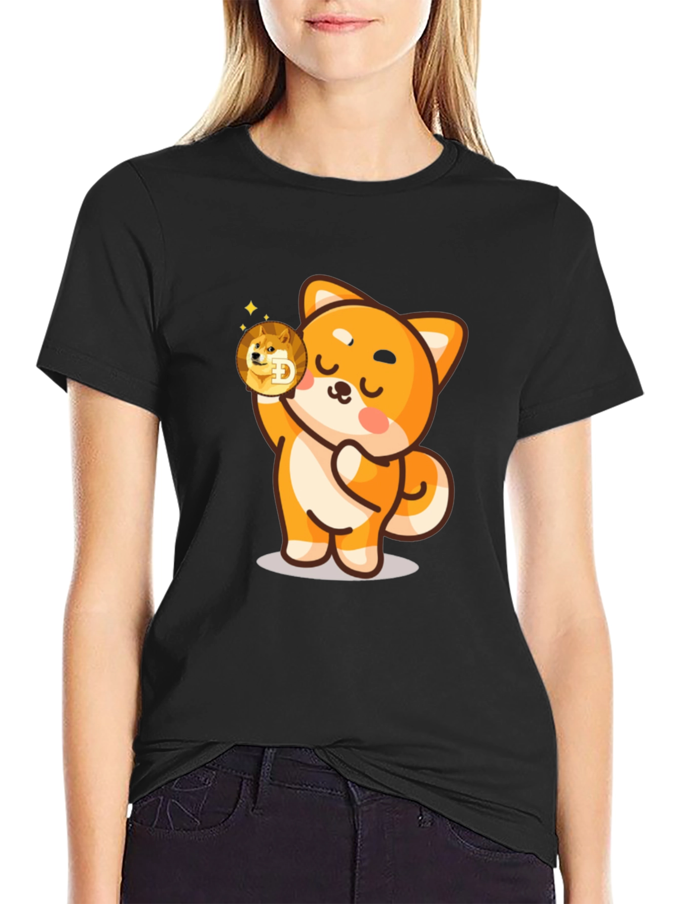 Dogecoin Shiba Inu Cartoon Black T-Shirt
