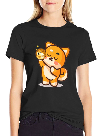 Dogecoin Shiba Inu Cartoon Black T-Shirt