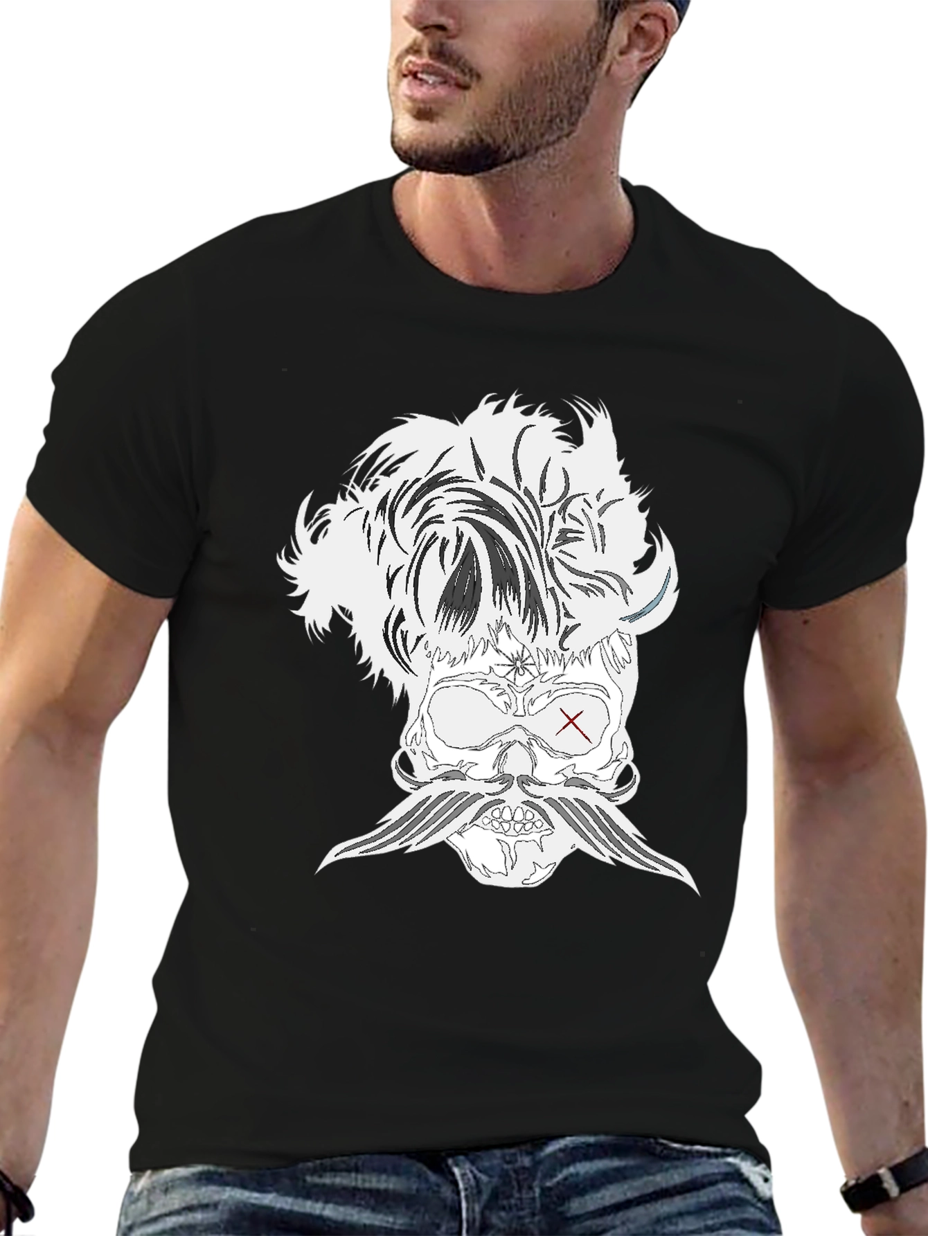 Skull with Mustache Black T-Shirt