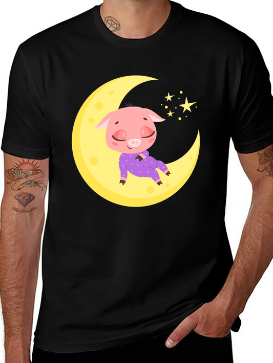 Cute Pig on Moon Black T-Shirt