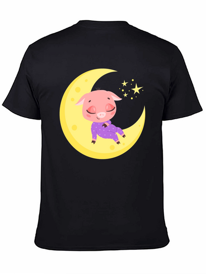 Cute Pig on Moon Black T-Shirt