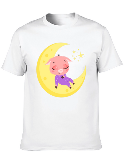 Cute Pig on Moon Black T-Shirt