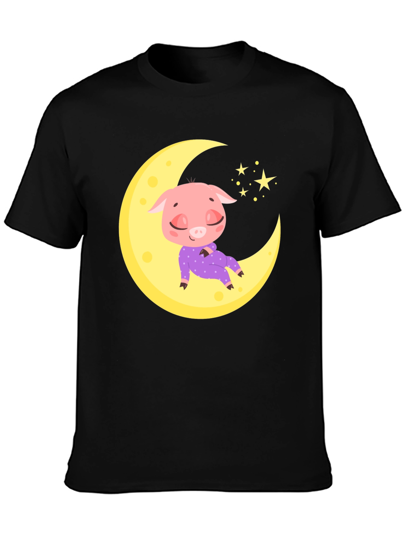 Cute Pig on Moon Black T-Shirt