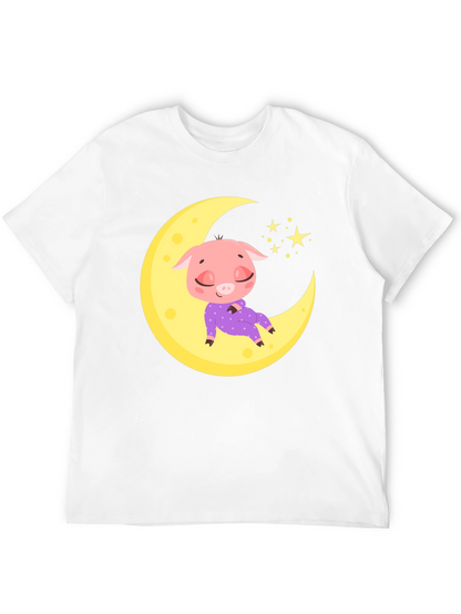 Cute Pig on Moon Black T-Shirt