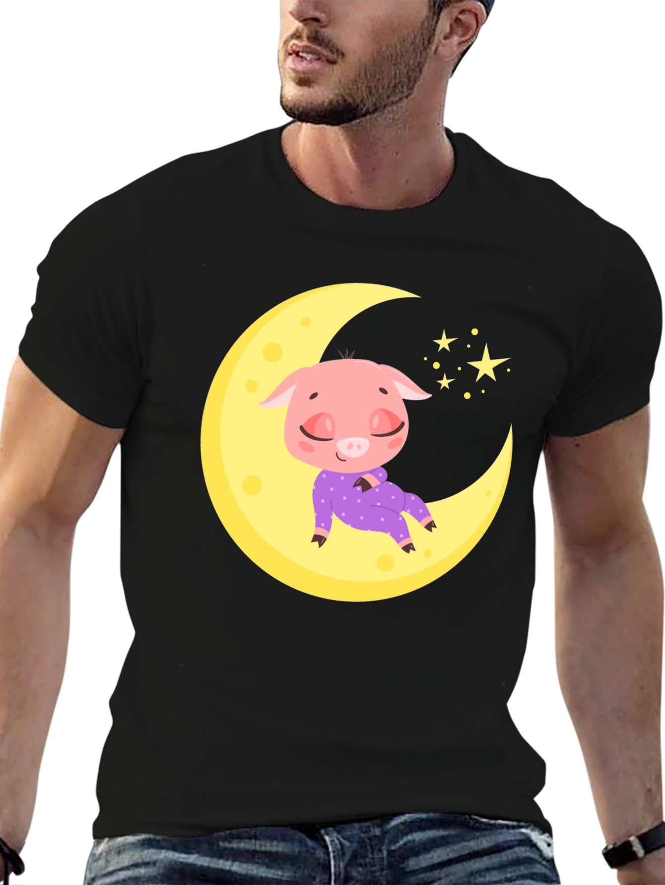 Cute Pig on Moon Black T-Shirt