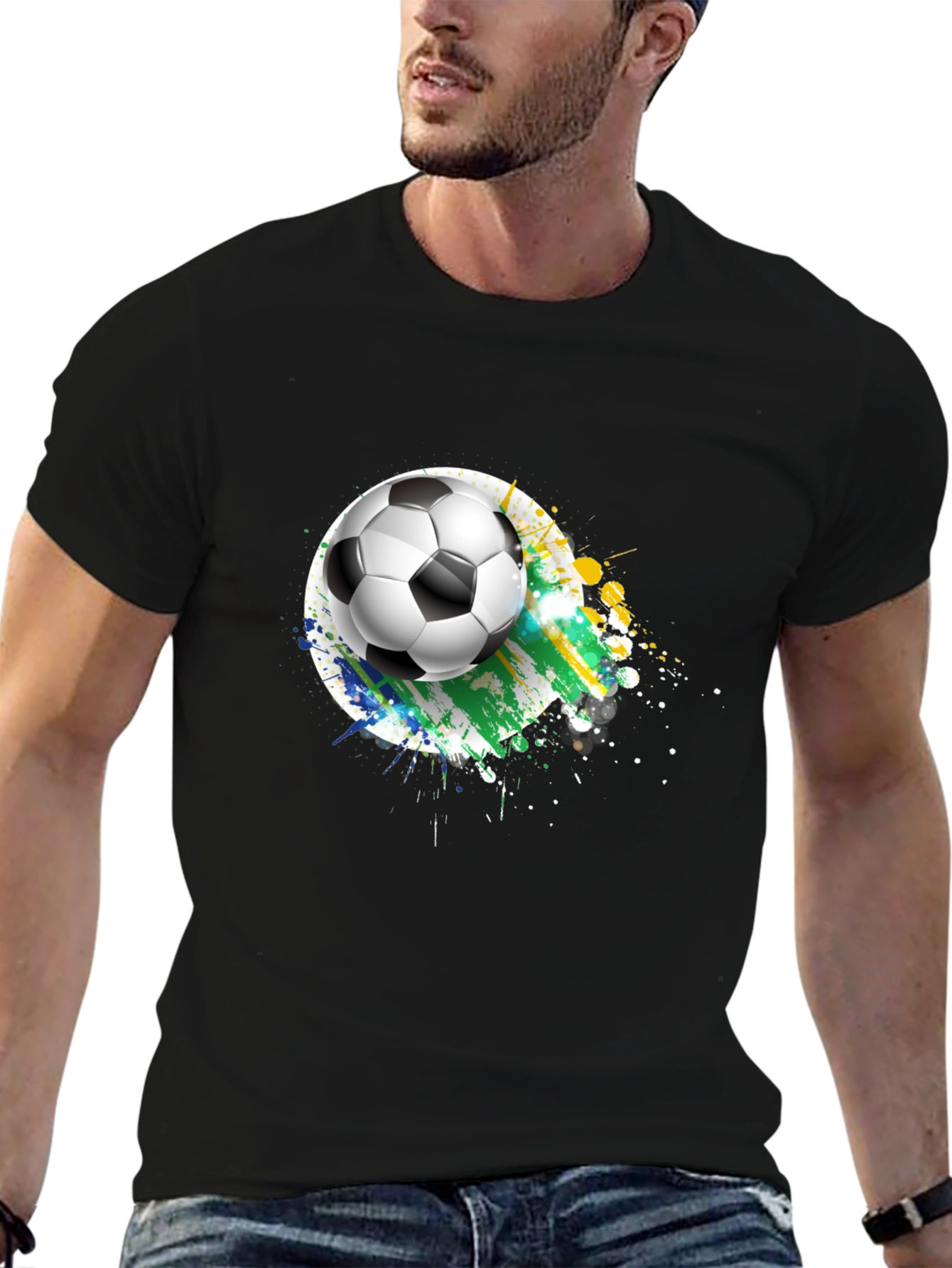 Soccer Ball Graphic Tee - Black Cotton T-Shirt