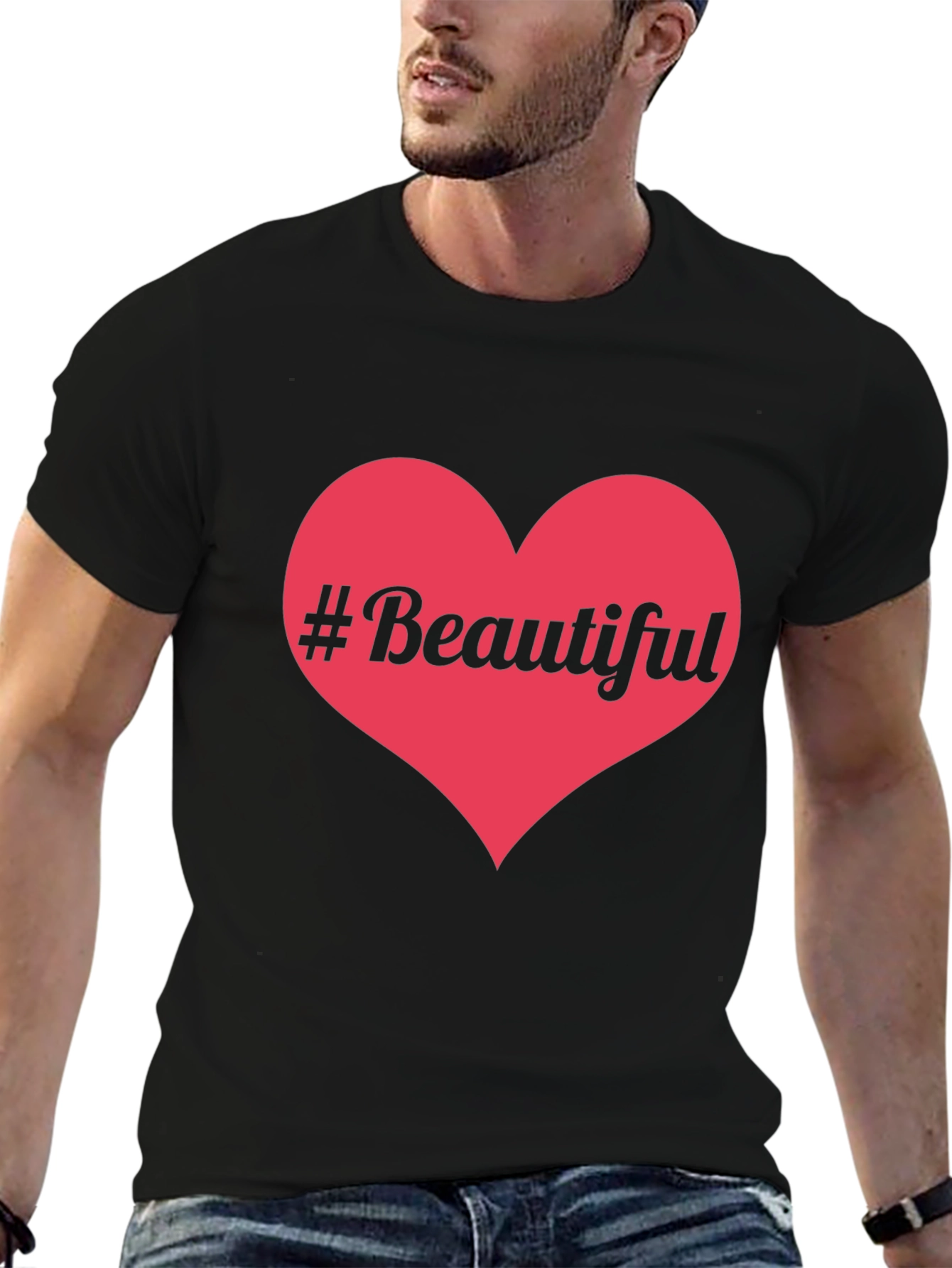 #Beautiful Heart Graphic Print Black T-Shirt