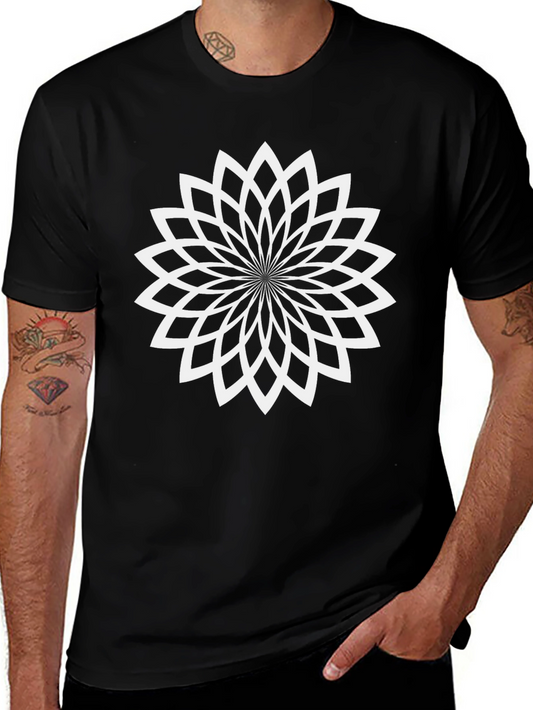 Geometric Flower Tee - Black Cotton Blend T-Shirt