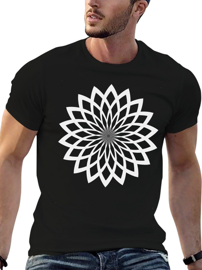 Geometric Flower Tee - Black Cotton Blend T-Shirt