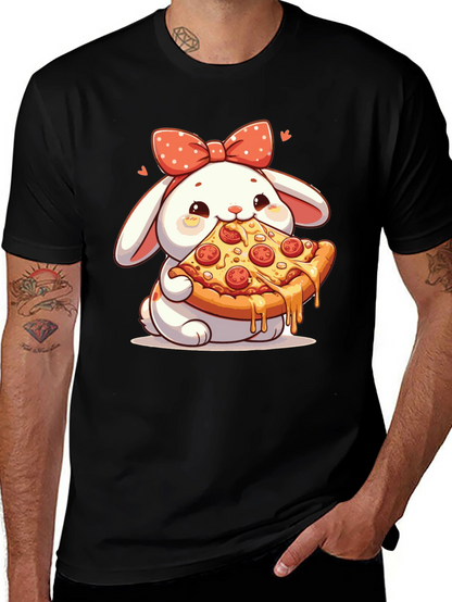 Cute Bunny Pizza Lover Black T-Shirt