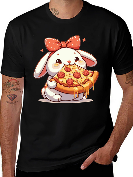 Cute Bunny Pizza Lover Black T-Shirt