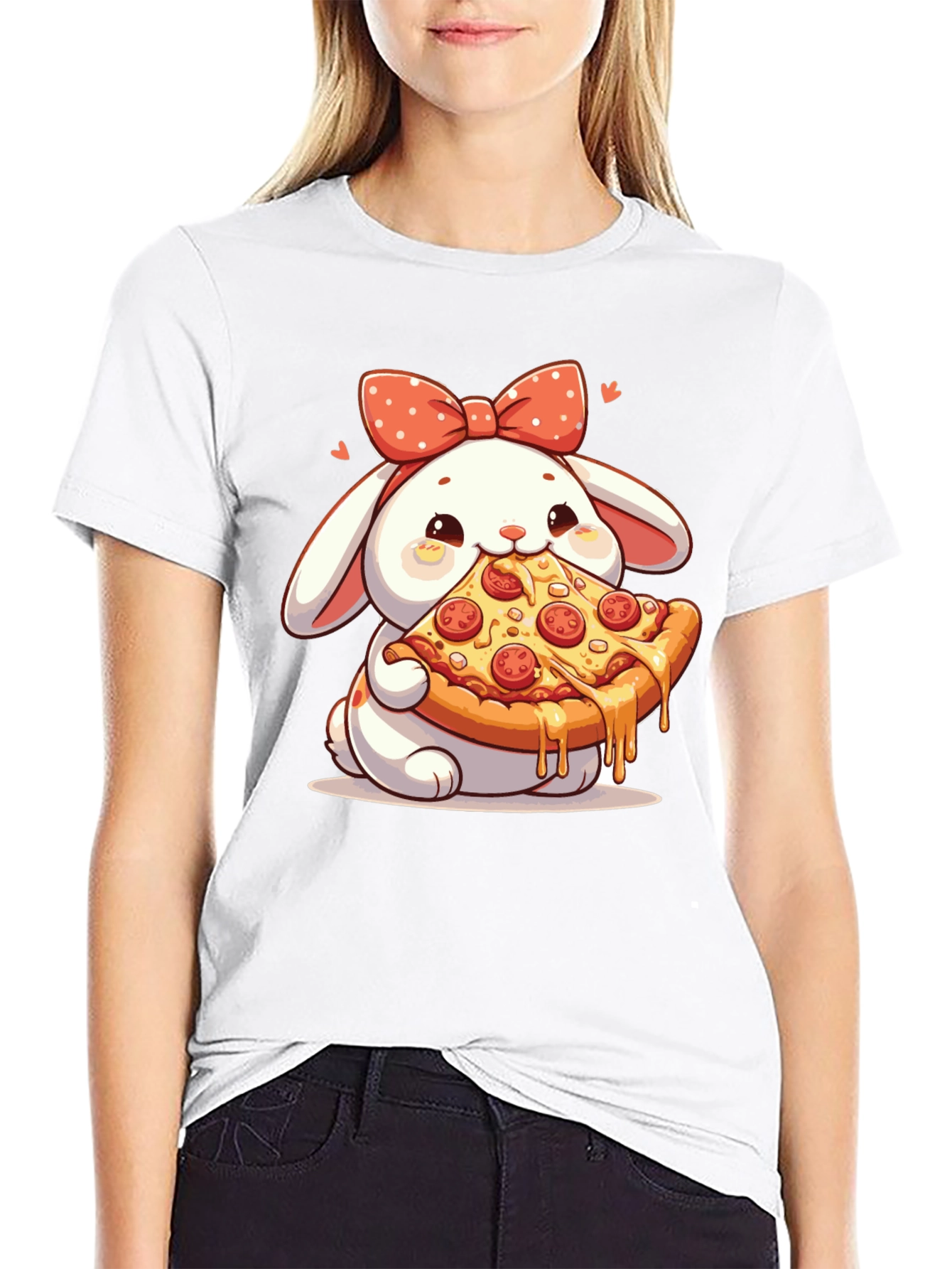 Cute Bunny Pizza Lover Black T-Shirt