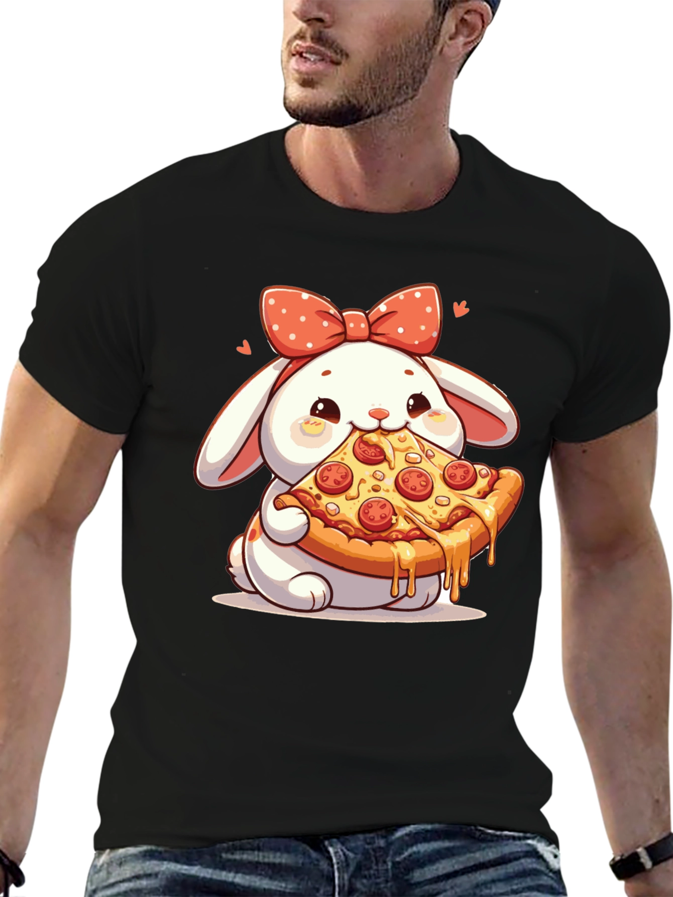 Cute Bunny Pizza Lover Black T-Shirt