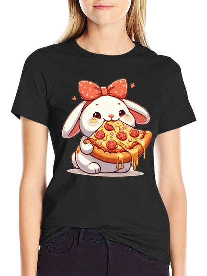 Cute Bunny Pizza Lover Black T-Shirt