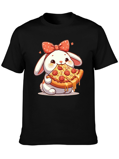 Cute Bunny Pizza Lover Black T-Shirt