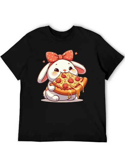 Cute Bunny Pizza Lover Black T-Shirt
