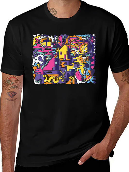 Abstract Doodle Graphic Tee - Black Cotton T-Shirt