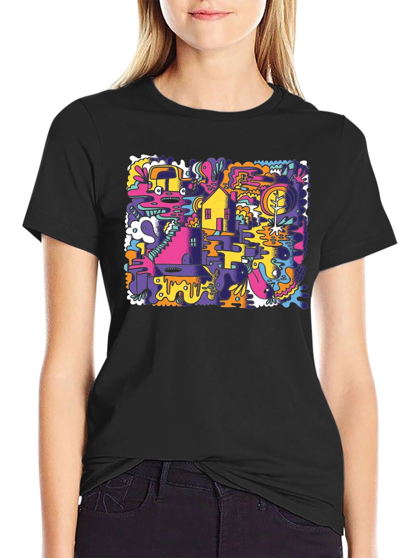 Abstract Doodle Graphic Tee - Black Cotton T-Shirt