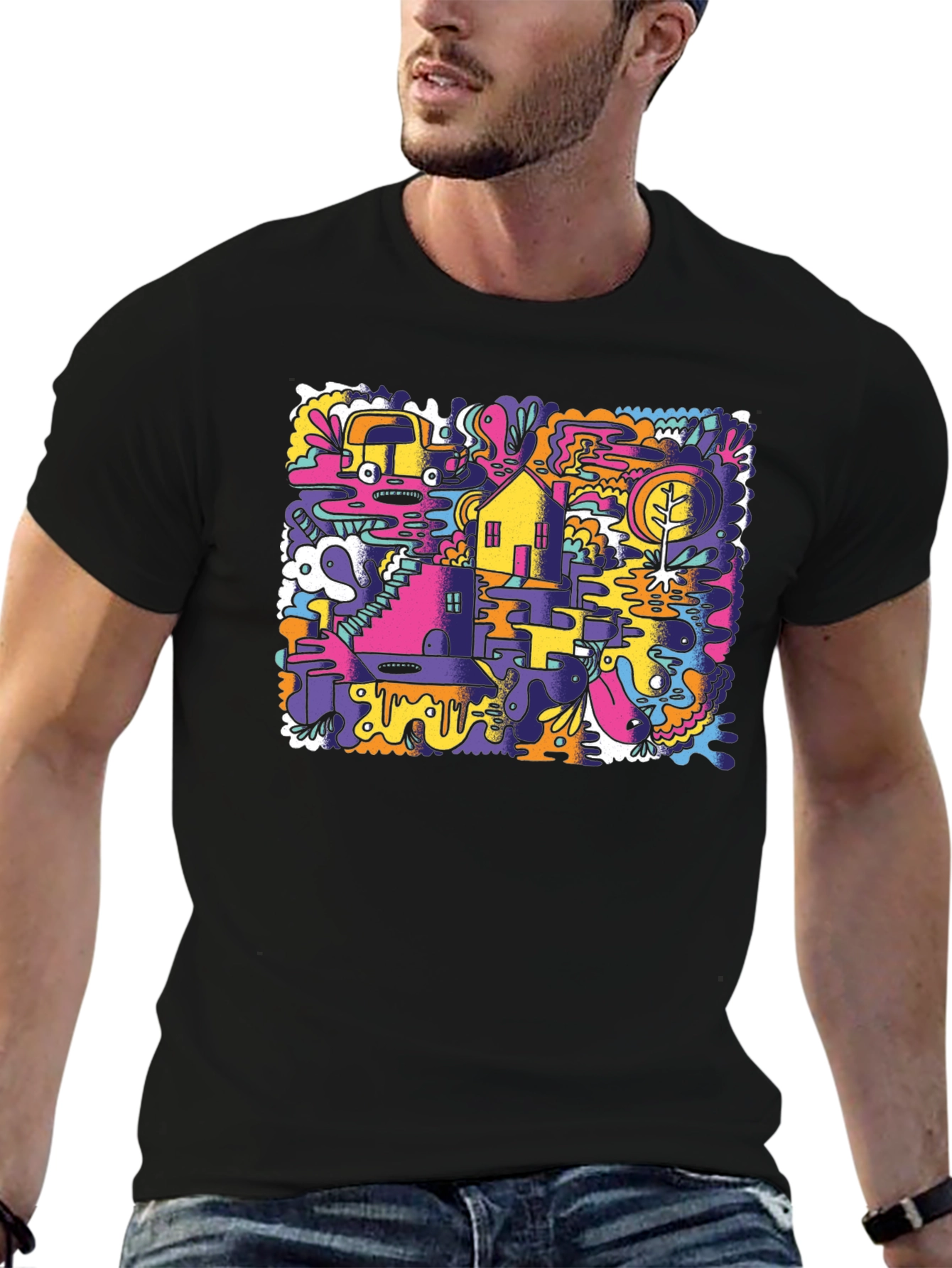 Abstract Doodle Graphic Tee - Black Cotton T-Shirt