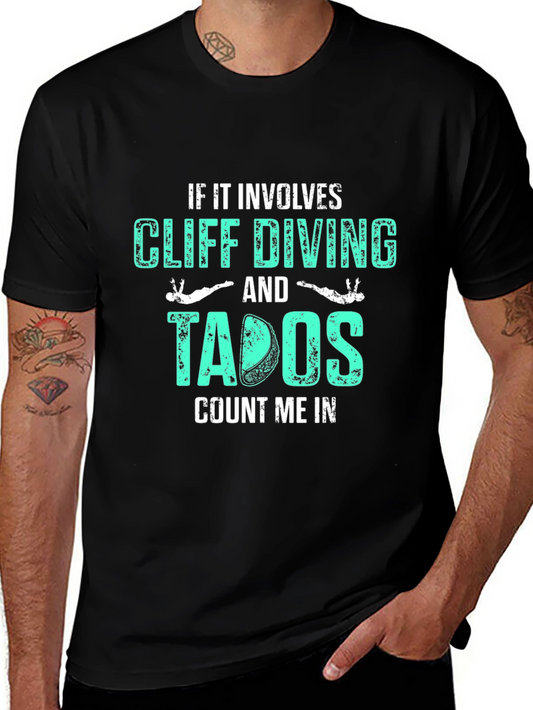 Cliff Diving & Tacos Graphic Tee - Black Cotton T-Shirt