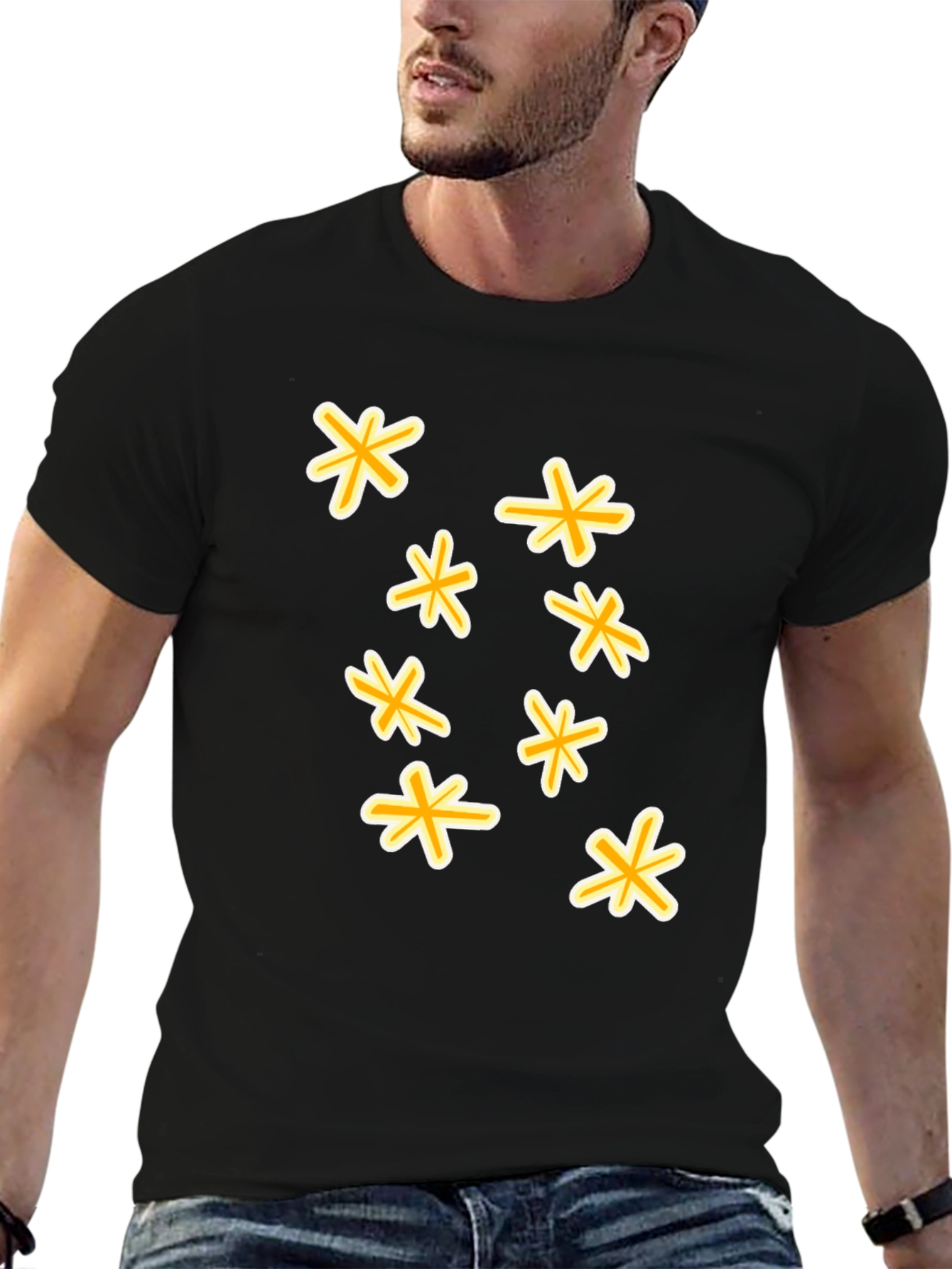 Black T-Shirt with Floral Star Design