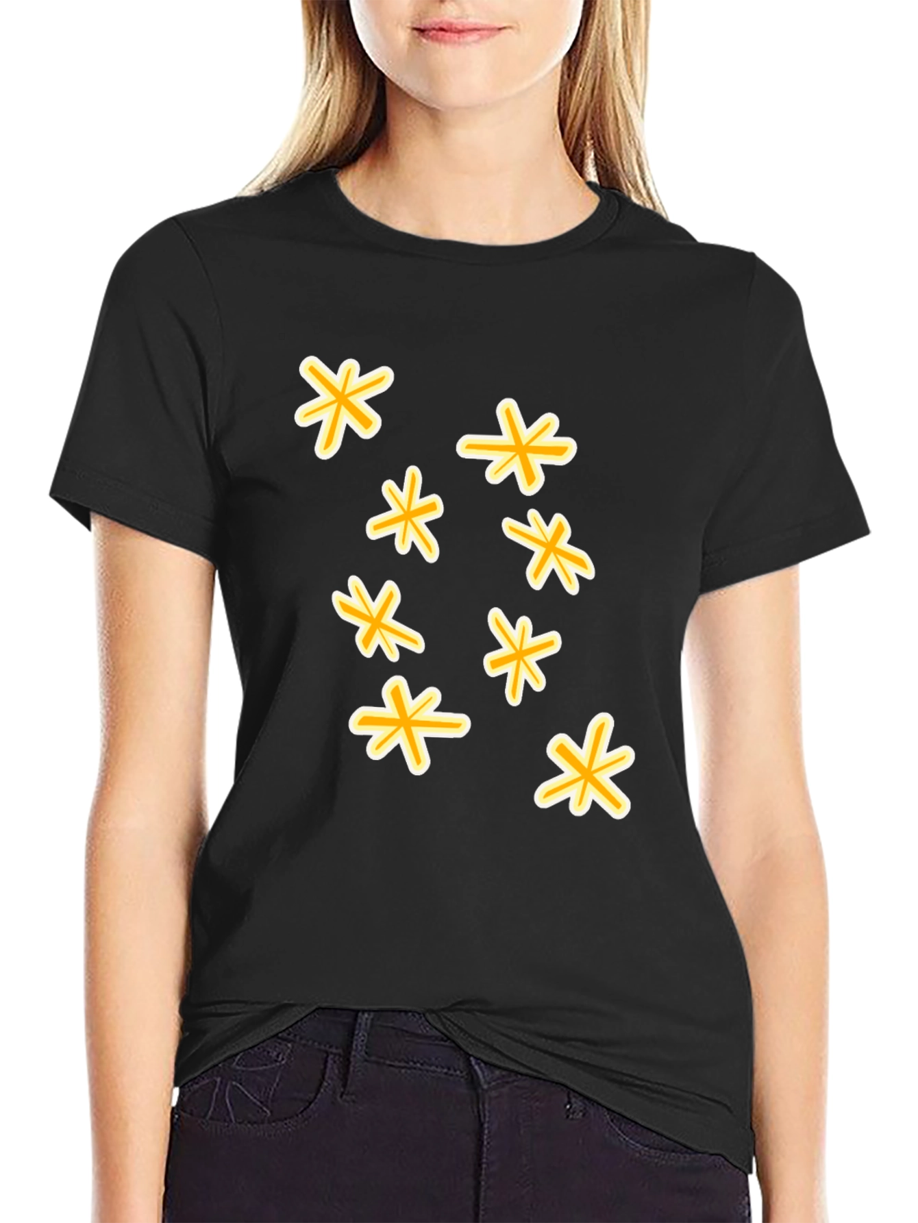 Black T-Shirt with Floral Star Design