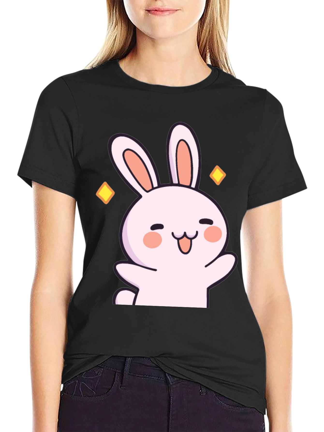 Cute Cartoon Bunny Graphic Black T-Shirt