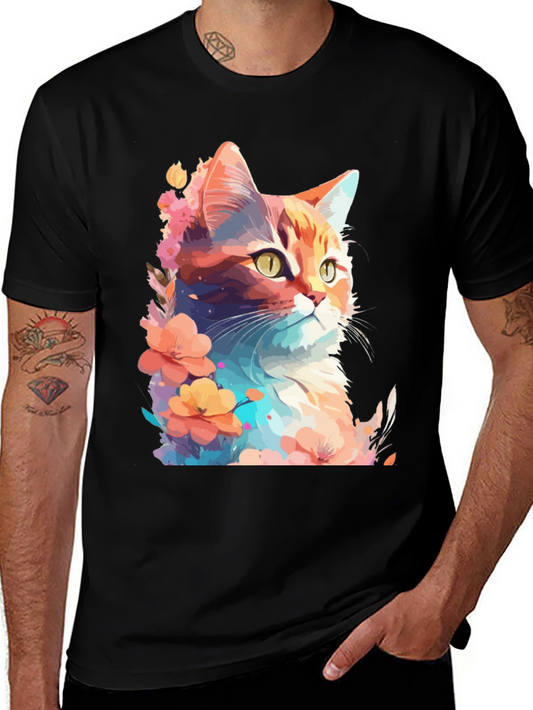 Floral Cat Graphic T-Shirt - Stylish Mens Tee